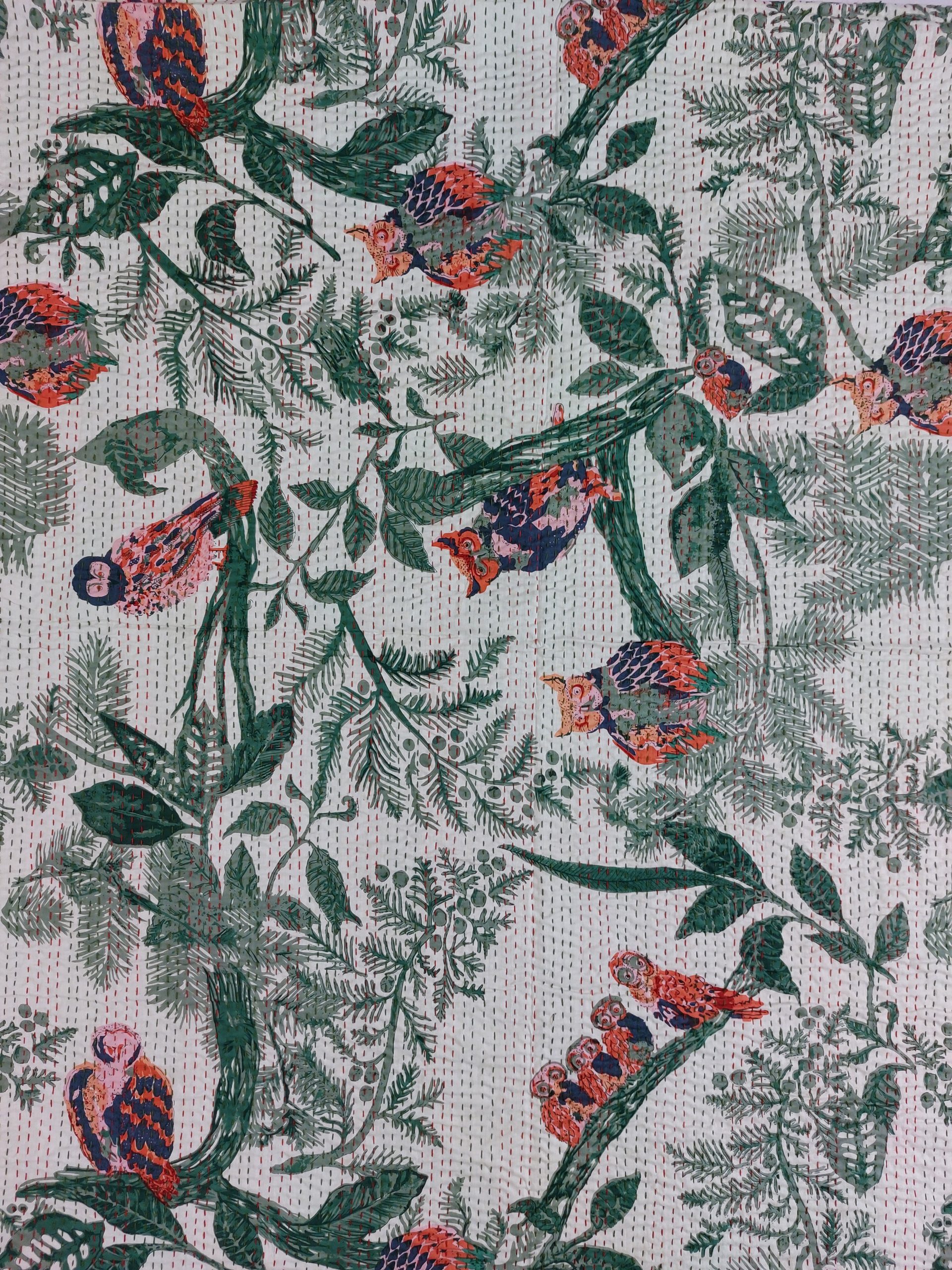 Cream and Green Bird Floral Handmade Cotton Kantha Quilt – Multiple Sizes - Image 5