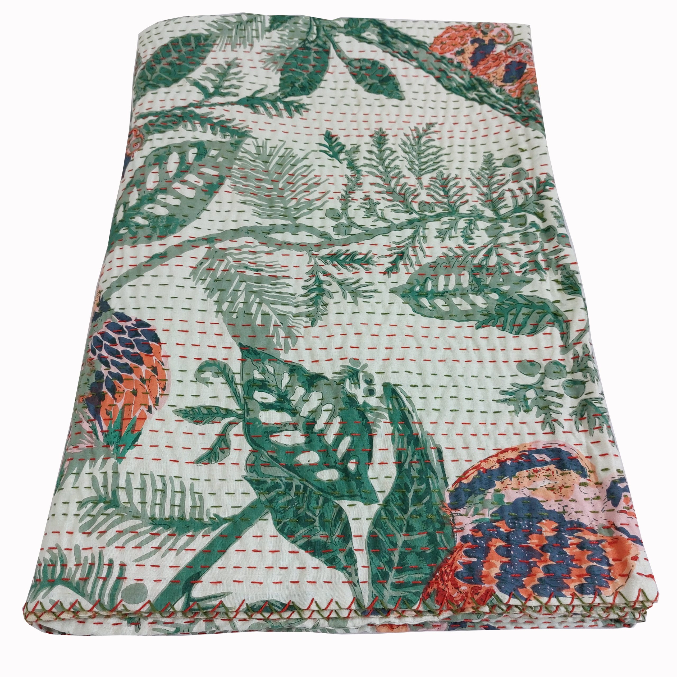Cream and Green Bird Floral Handmade Cotton Kantha Quilt – Multiple Sizes - Image 6