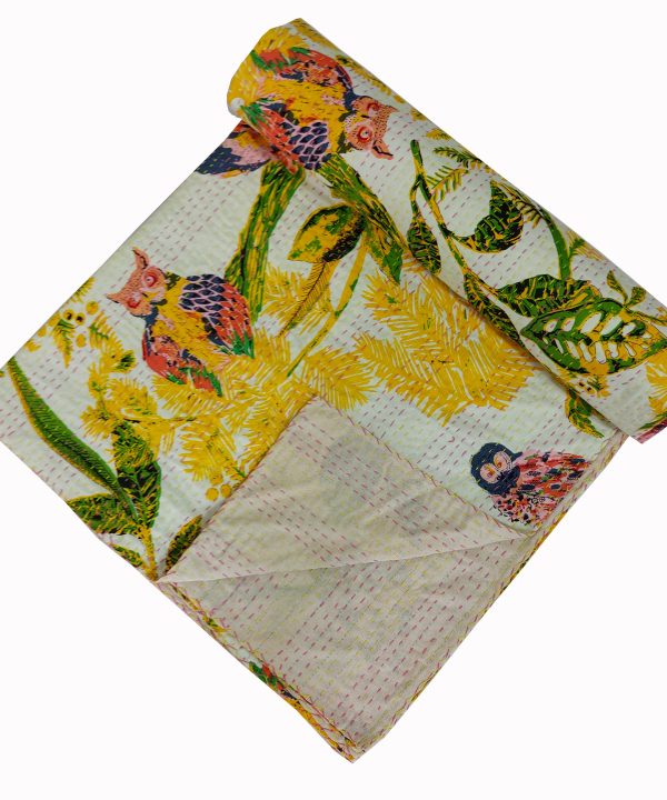 Yellow and Green Bird Floral Handmade Cotton Kantha Quilt – Multiple Sizes