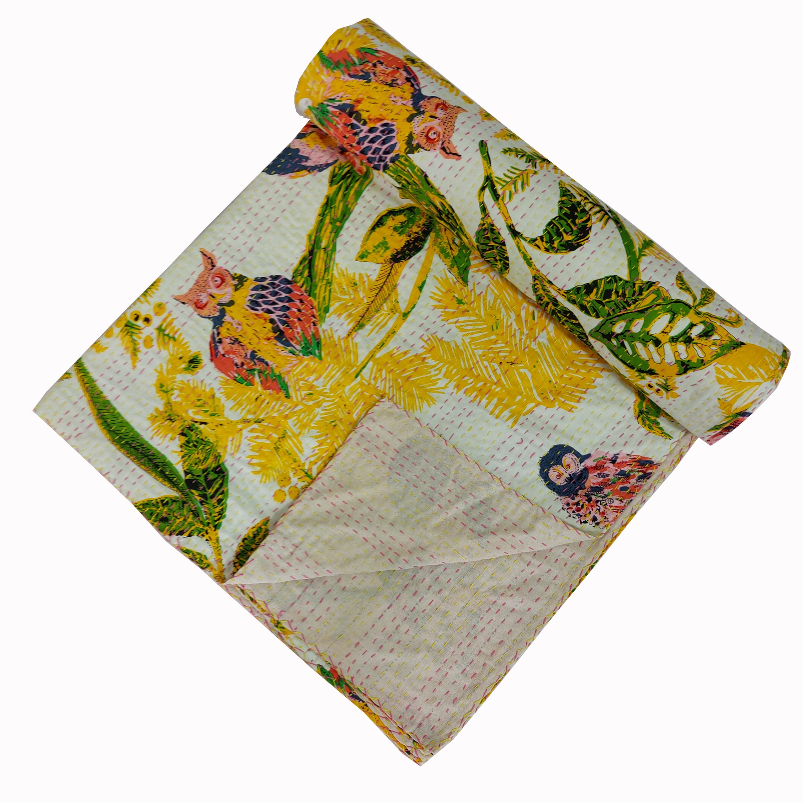 Yellow and Green Bird Floral Handmade Cotton Kantha Quilt – Multiple Sizes