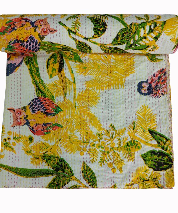 Alternative view of Yellow and Green Bird Floral Handmade Cotton Kantha Quilt – Multiple Sizes