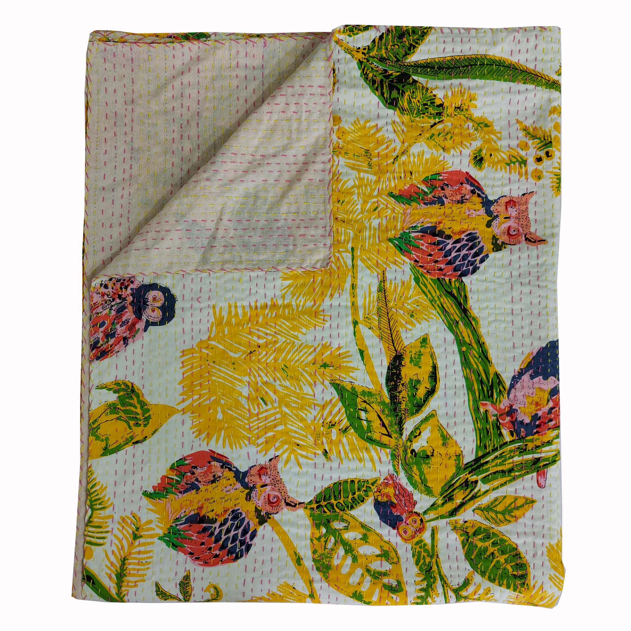 Yellow and Green Bird Floral Handmade Cotton Kantha Quilt – Multiple Sizes - Image 3