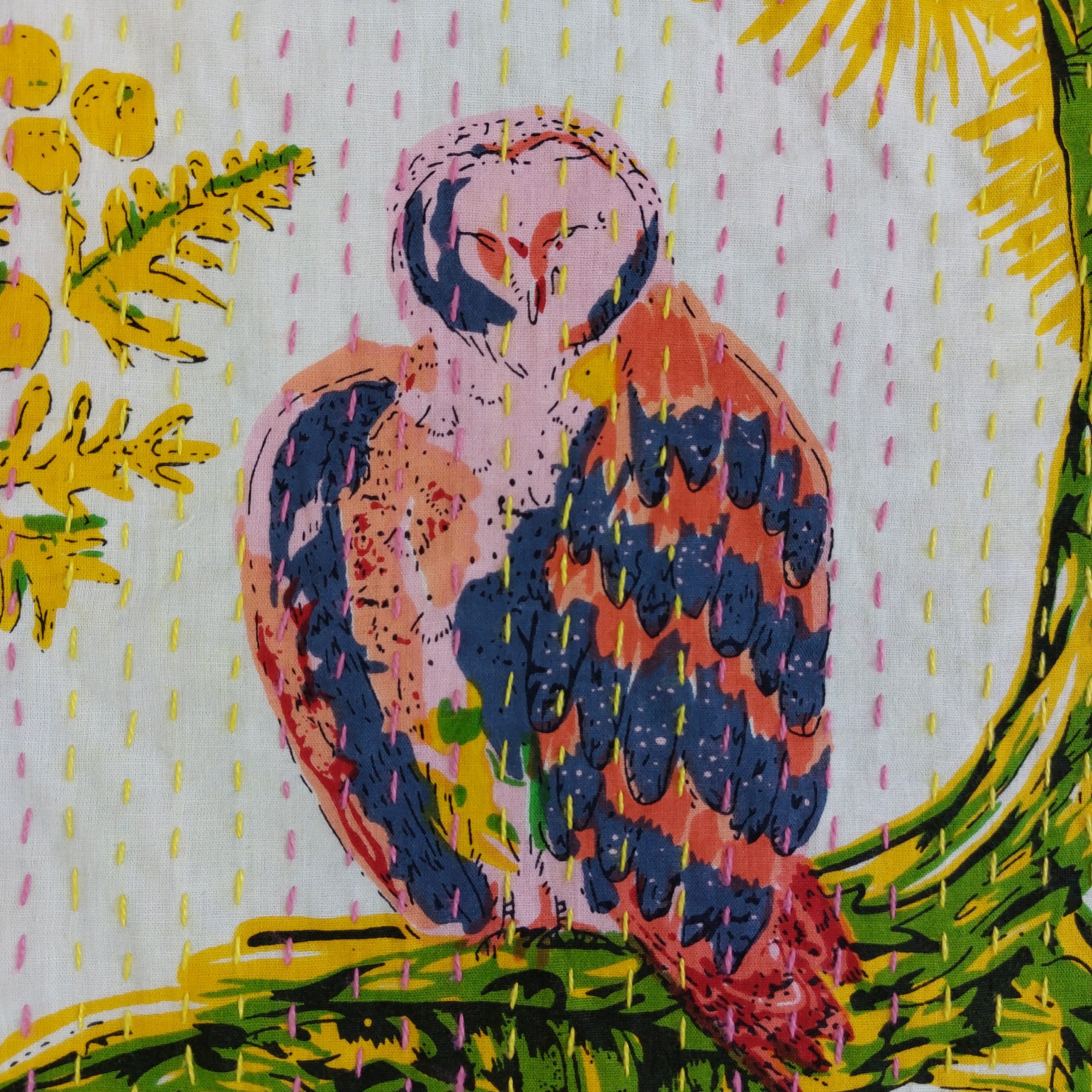 Yellow and Green Bird Floral Handmade Cotton Kantha Quilt – Multiple Sizes - Image 4