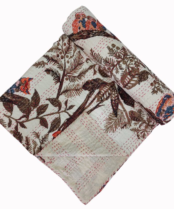 Cream and Brown Bird Botanical Handmade Cotton Kantha Quilt – Multiple Sizes