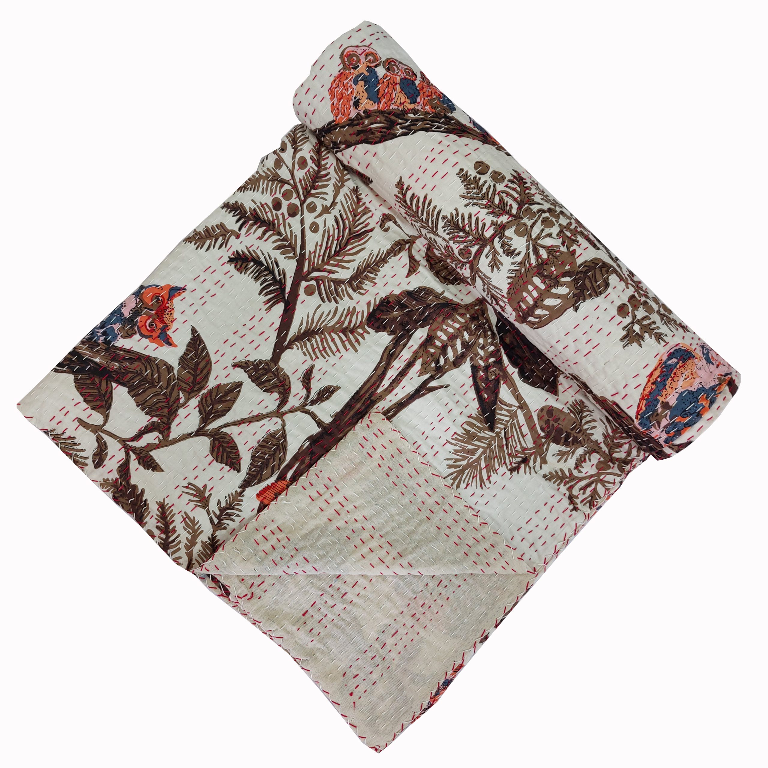Cream and Brown Bird Botanical Handmade Cotton Kantha Quilt – Multiple Sizes