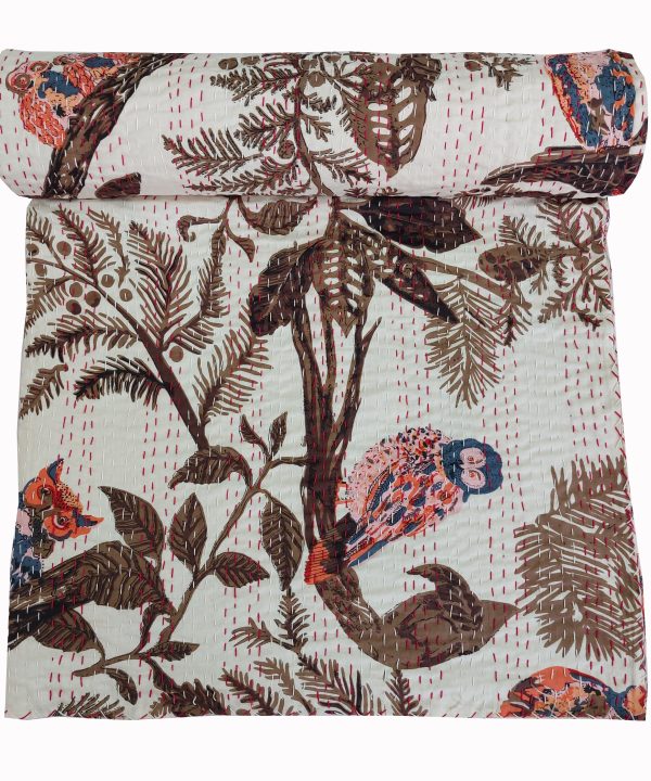 Alternative view of Cream and Brown Bird Botanical Handmade Cotton Kantha Quilt – Multiple Sizes