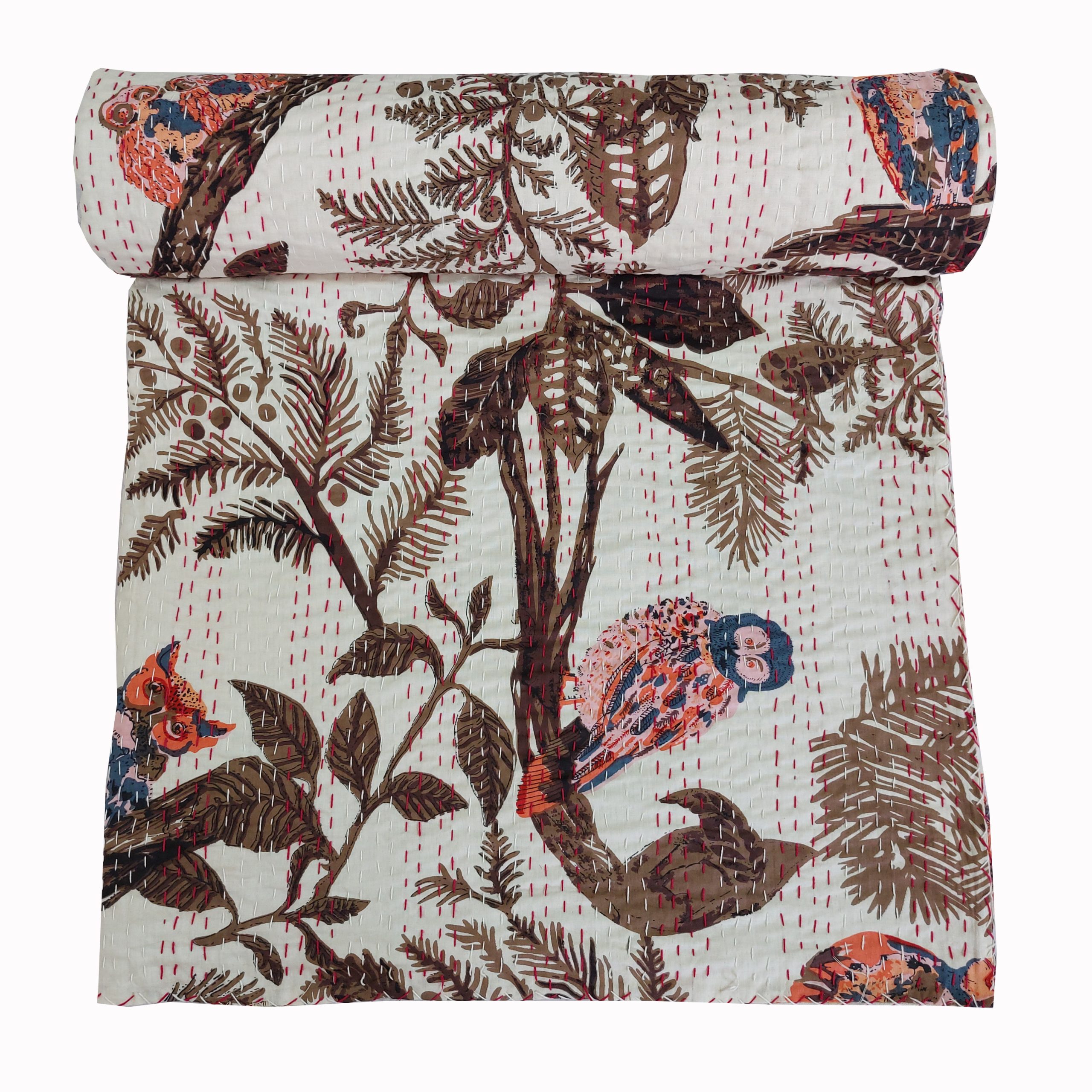 Cream and Brown Bird Botanical Handmade Cotton Kantha Quilt – Multiple Sizes - Image 2