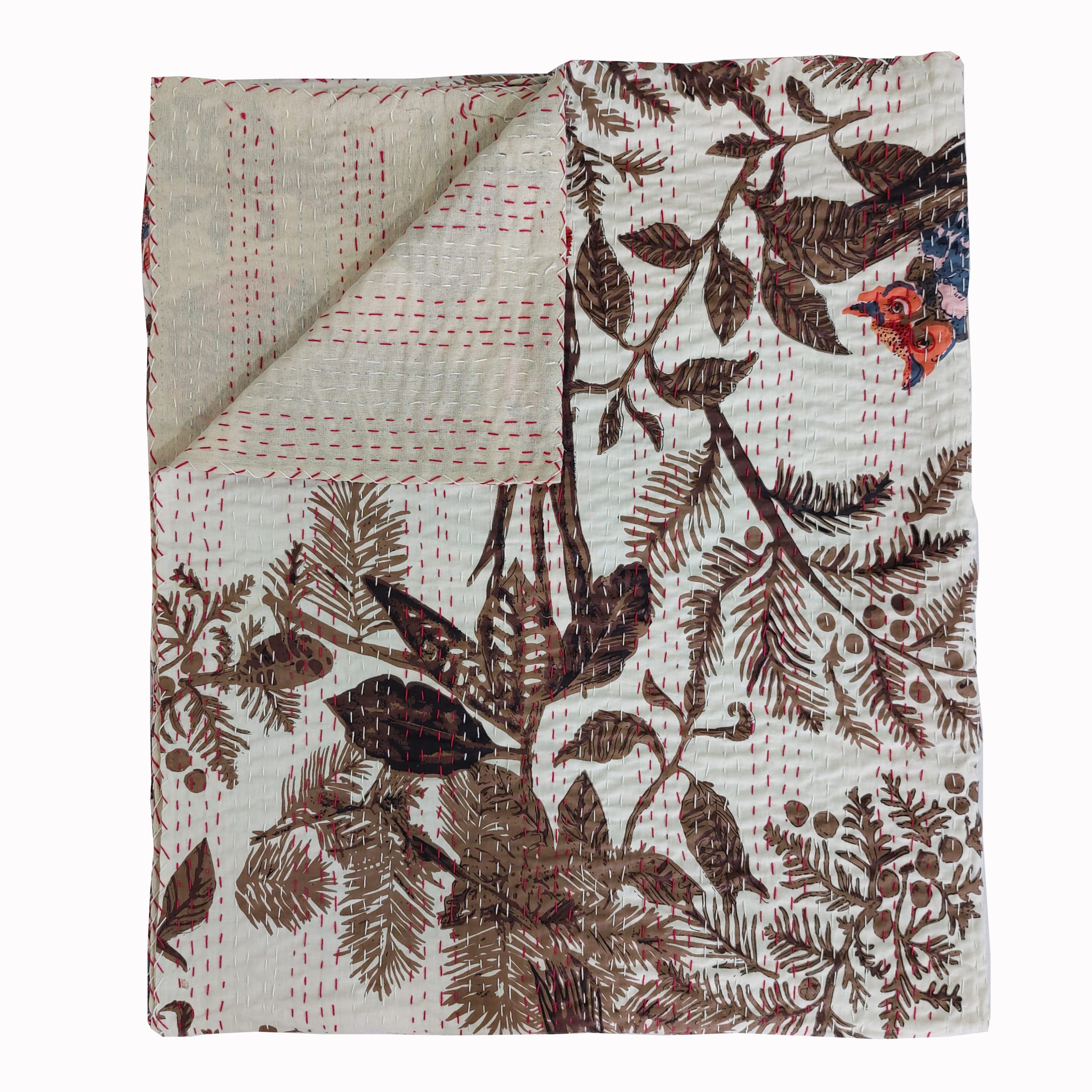 Cream and Brown Bird Botanical Handmade Cotton Kantha Quilt – Multiple Sizes - Image 3