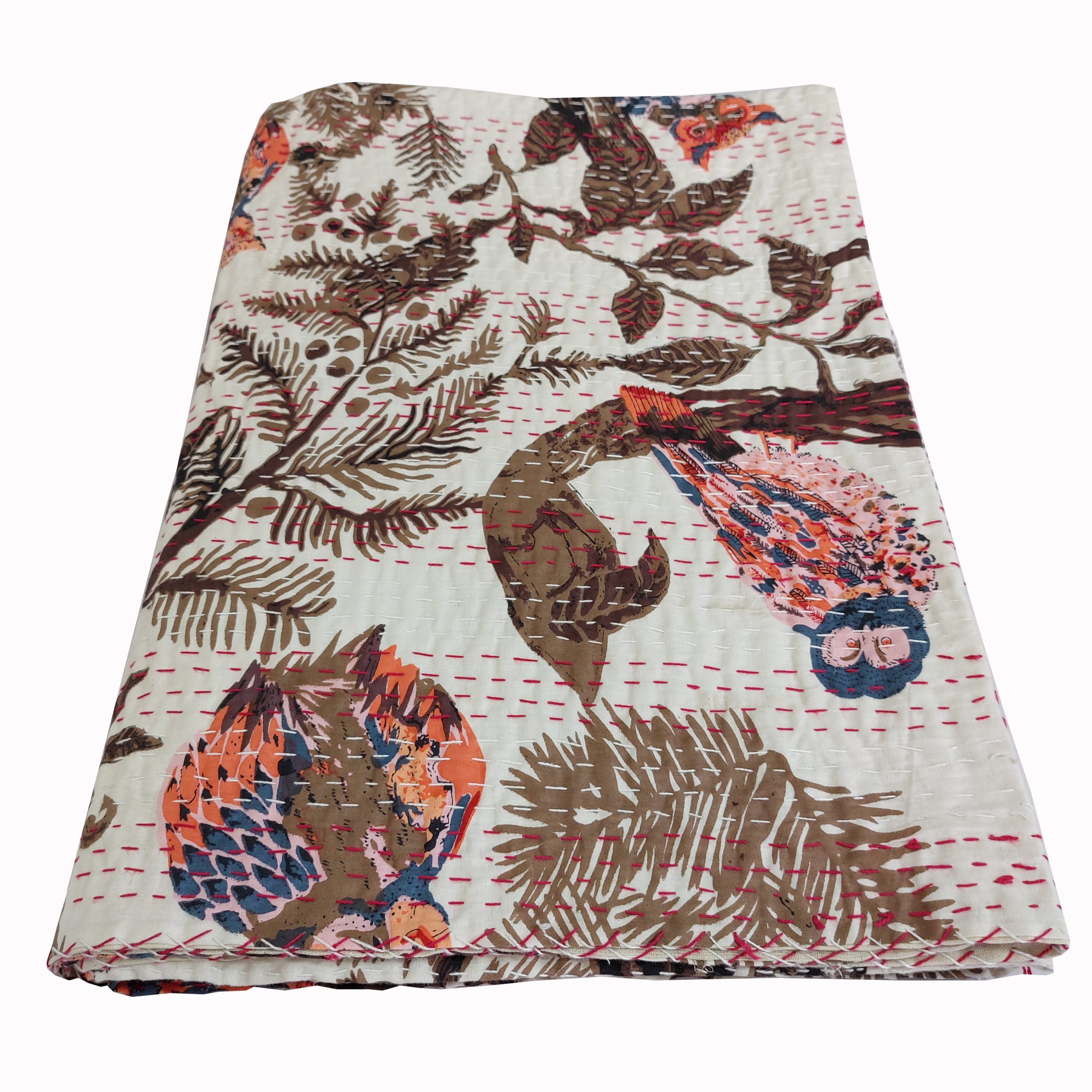 Cream and Brown Bird Botanical Handmade Cotton Kantha Quilt – Multiple Sizes - Image 4