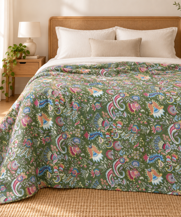 Dark Green Multicolor Floral Handmade Cotton Kantha Quilt – Double 90×108 inches