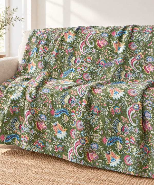 Alternative view of Dark Green Multicolor Floral Handmade Cotton Kantha Quilt – Double 90×108 inches