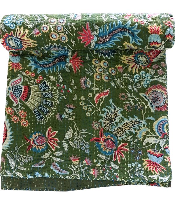 Dark Green Multicolor Floral Handmade Cotton Kantha Quilt – Double 90×108 inches