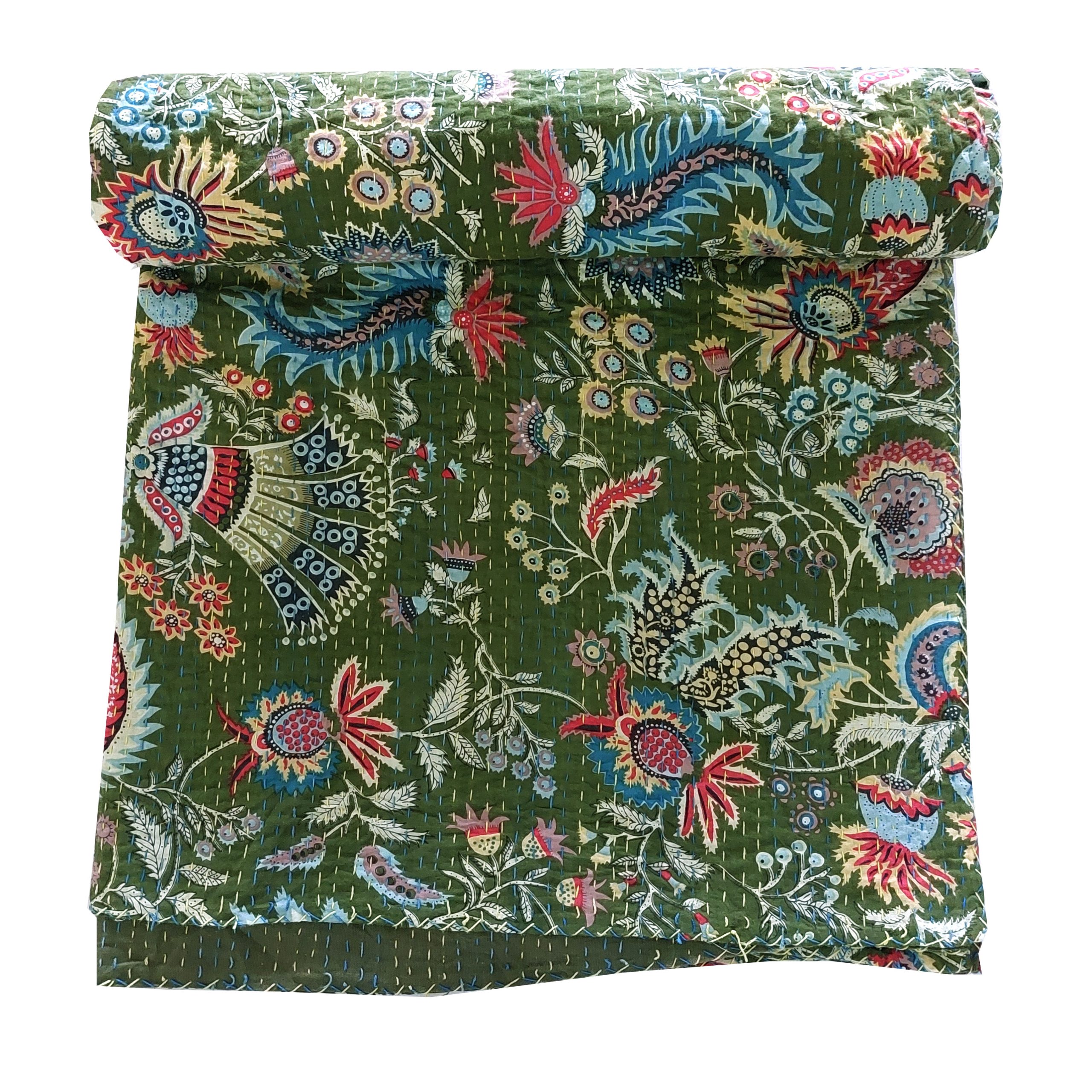 Dark Green Multicolor Floral Handmade Cotton Kantha Quilt – Double 90×108 inches