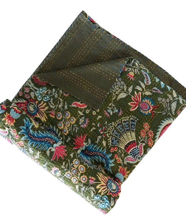 Alternative view of Dark Green Multicolor Floral Handmade Cotton Kantha Quilt – Double 90×108 inches