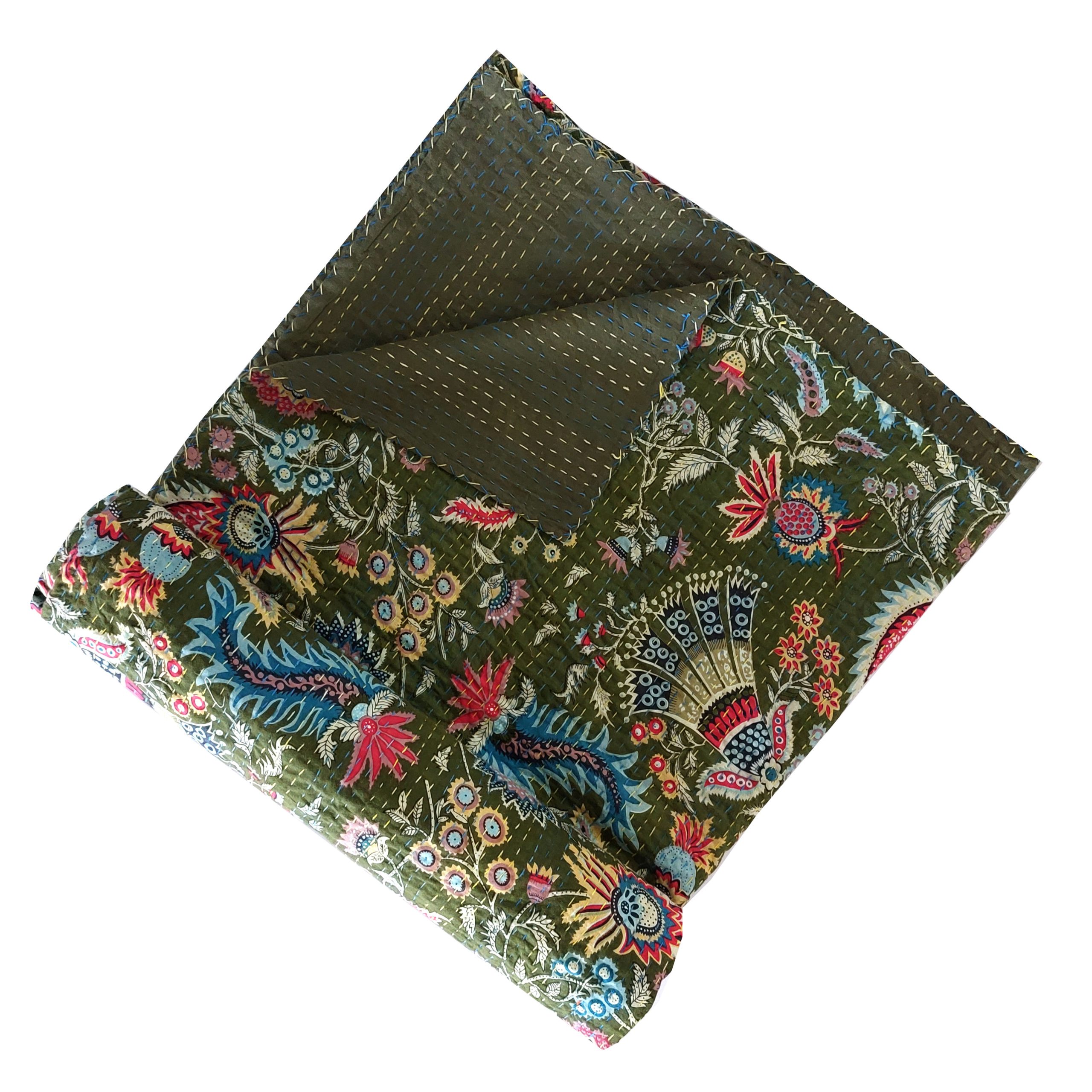 Dark Green Multicolor Floral Handmade Cotton Kantha Quilt – Double 90×108 inches - Image 2