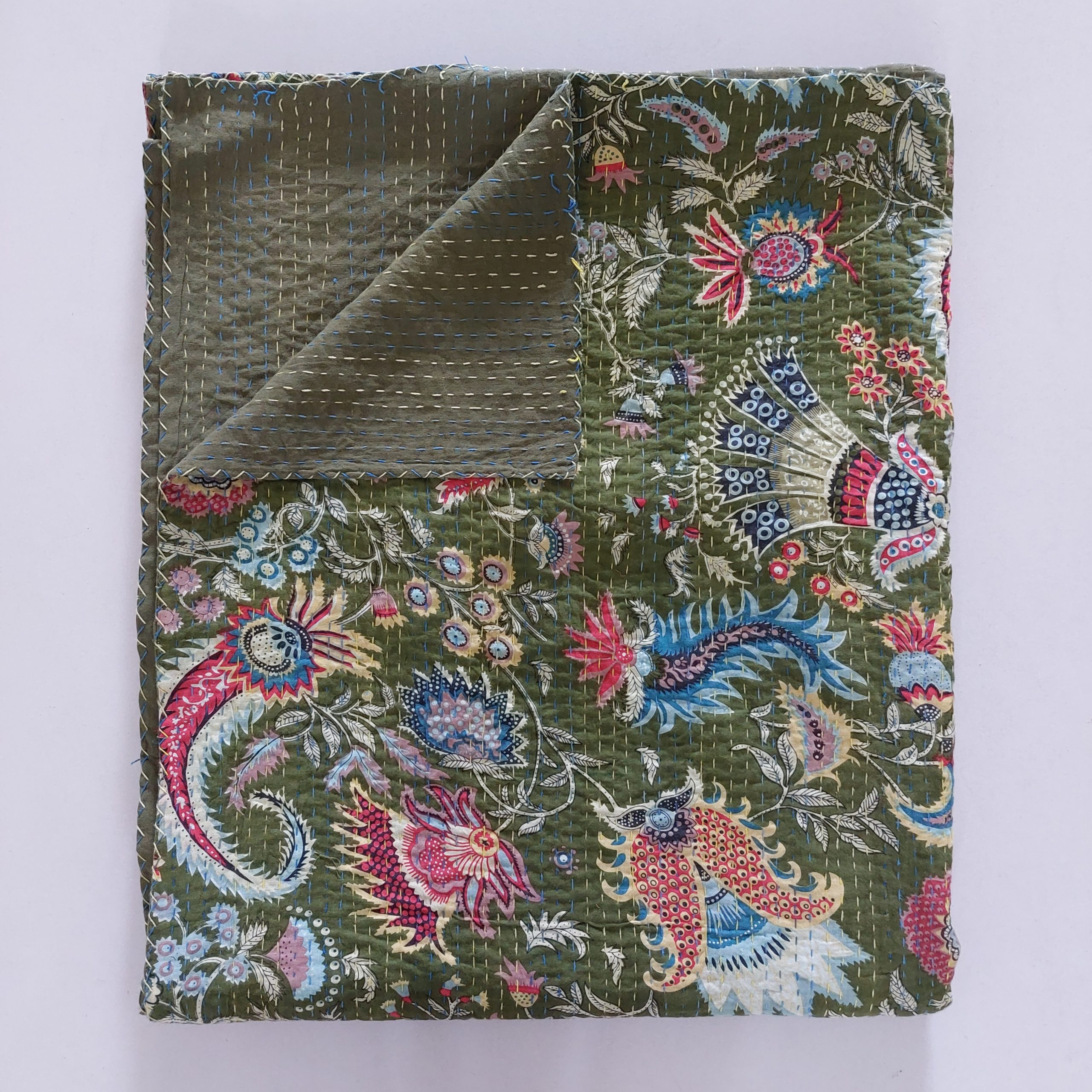Dark Green Multicolor Floral Handmade Cotton Kantha Quilt – Double 90×108 inches - Image 3