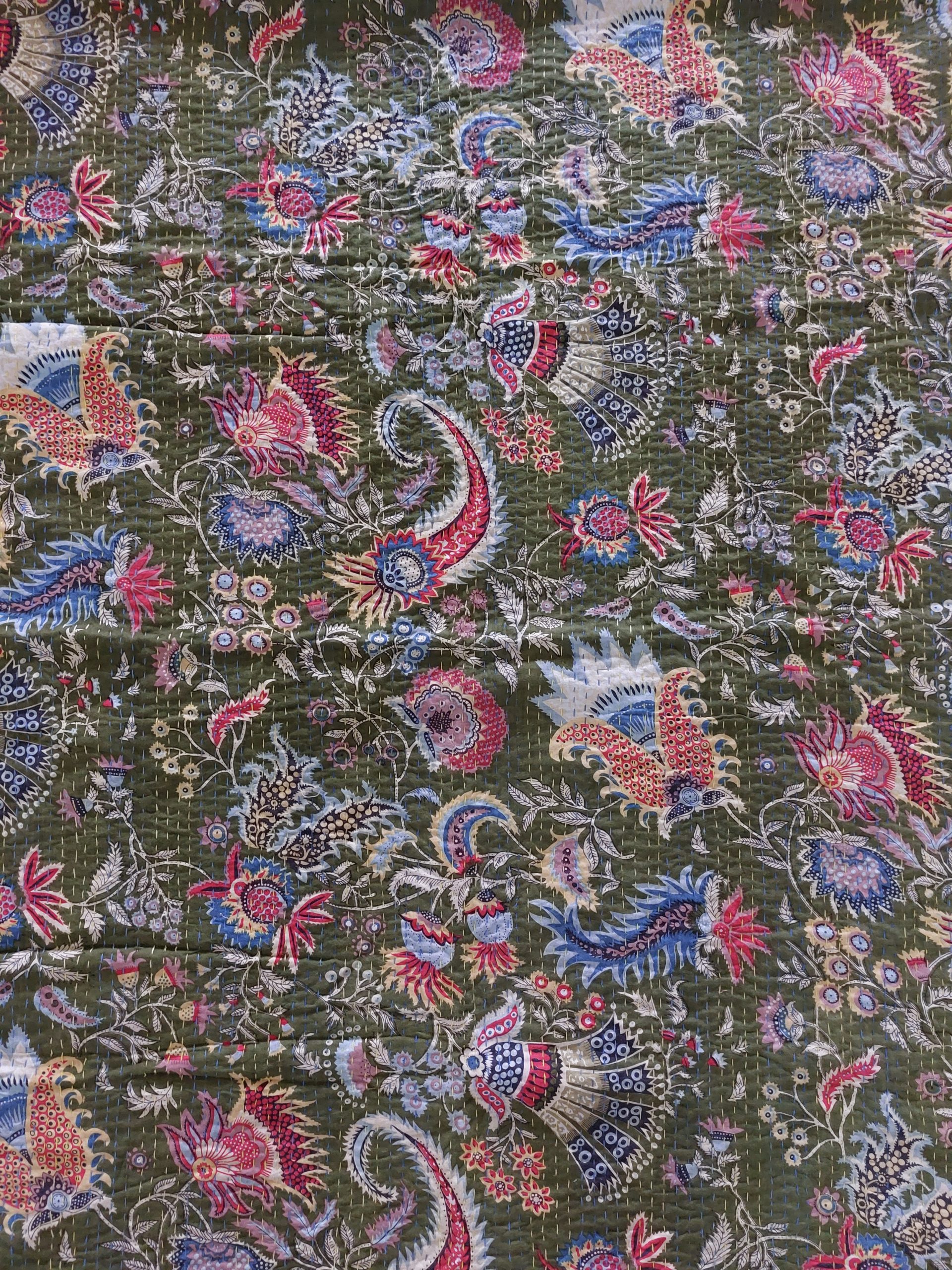 Dark Green Multicolor Floral Handmade Cotton Kantha Quilt – Double 90×108 inches - Image 4