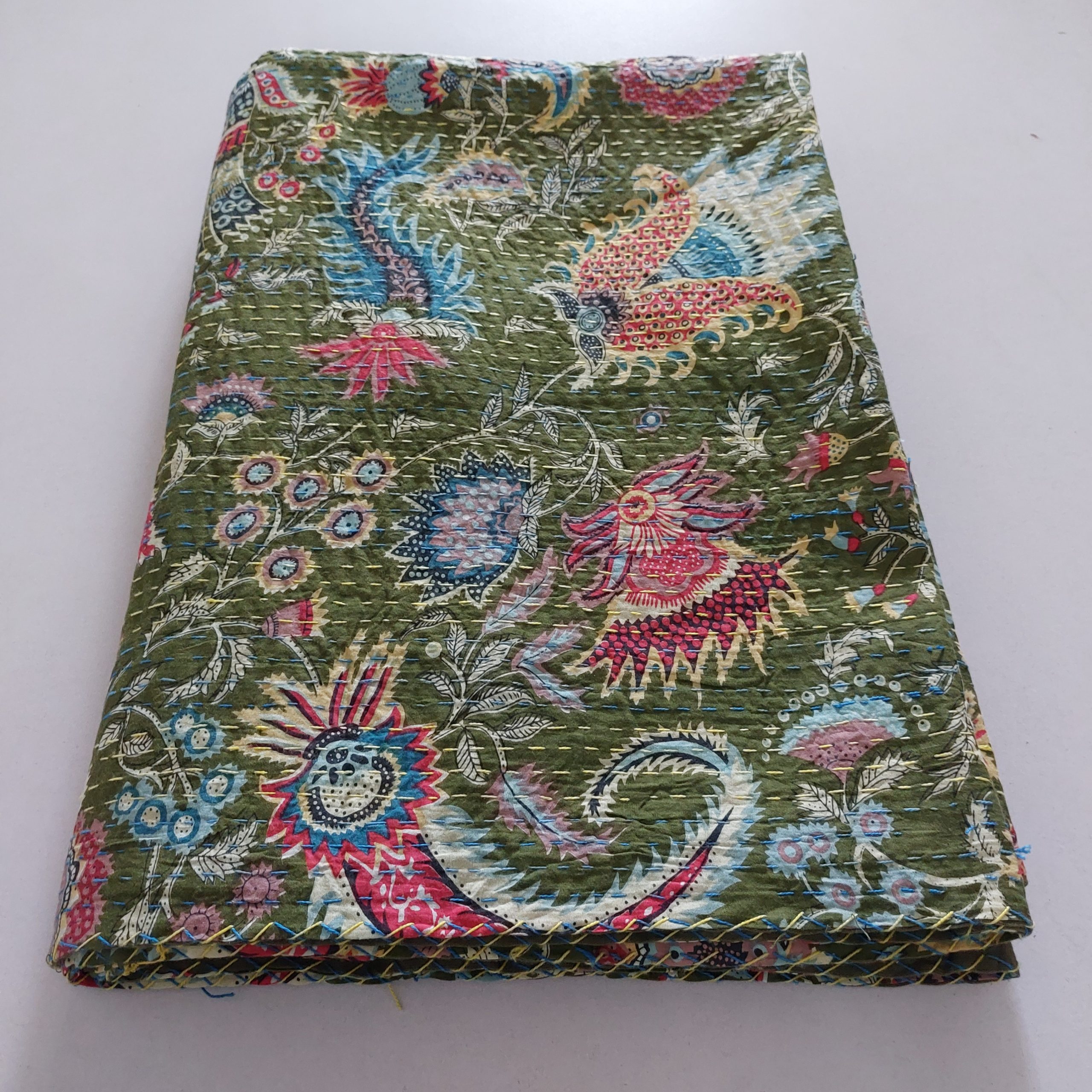 Dark Green Multicolor Floral Handmade Cotton Kantha Quilt – Double 90×108 inches - Image 5