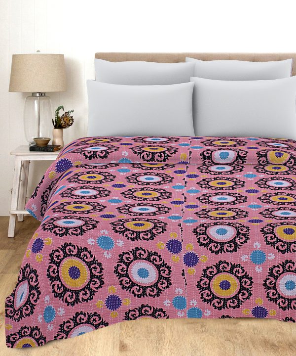 Pink and Purple Medallion Handmade Cotton Kantha Quilt – Double 90×108 inches
