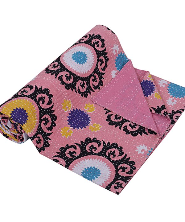 Alternative view of Pink and Purple Medallion Handmade Cotton Kantha Quilt – Double 90×108 inches
