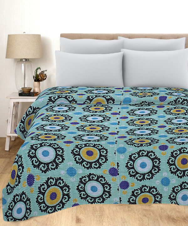 Aqua Blue and Black Medallion Handmade Cotton Kantha Quilt – Double 90×108 inches