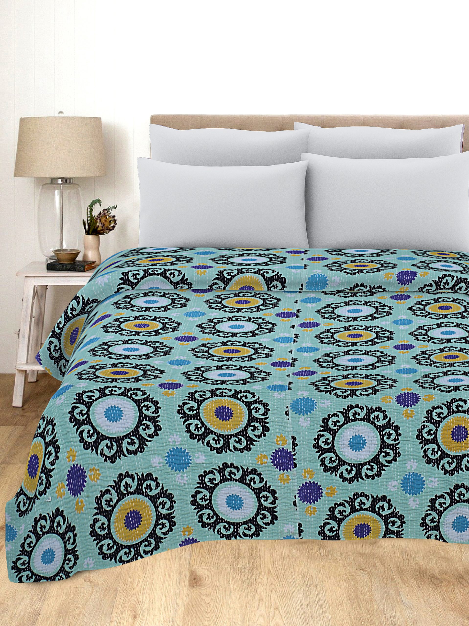 Aqua Blue and Black Medallion Handmade Cotton Kantha Quilt – Double 90×108 inches