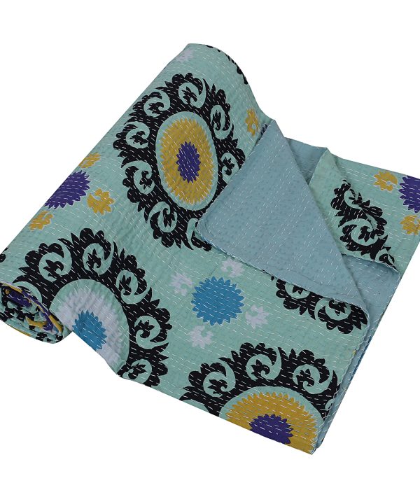 Alternative view of Aqua Blue and Black Medallion Handmade Cotton Kantha Quilt – Double 90×108 inches