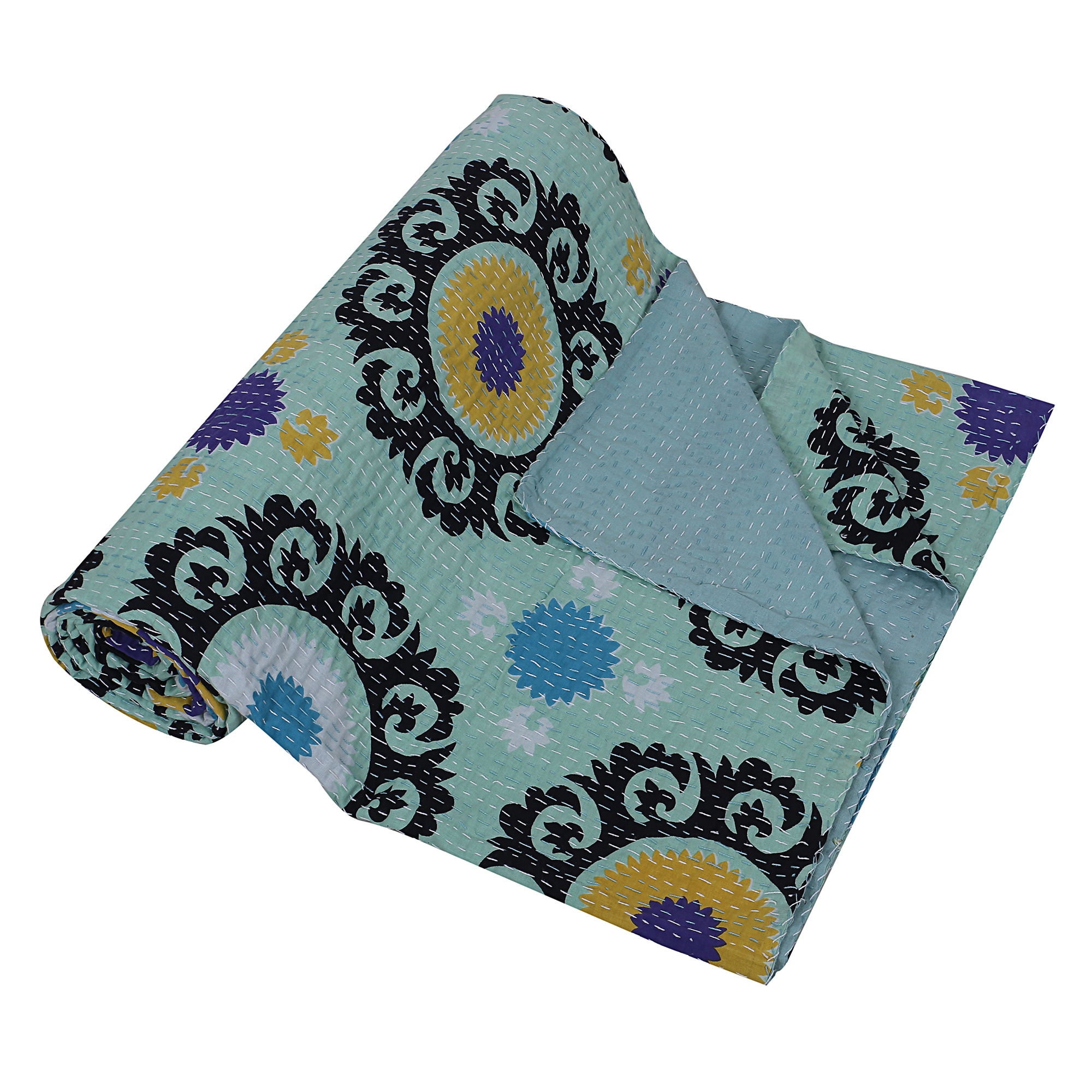 Aqua Blue and Black Medallion Handmade Cotton Kantha Quilt – Double 90×108 inches - Image 2