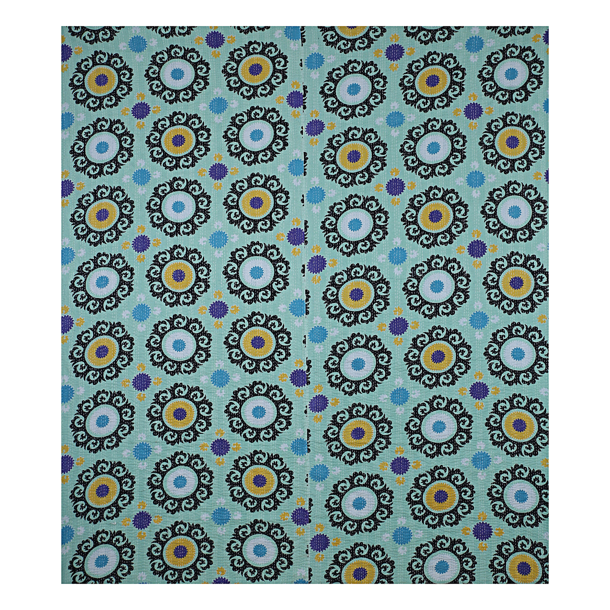 Aqua Blue and Black Medallion Handmade Cotton Kantha Quilt – Double 90×108 inches - Image 3