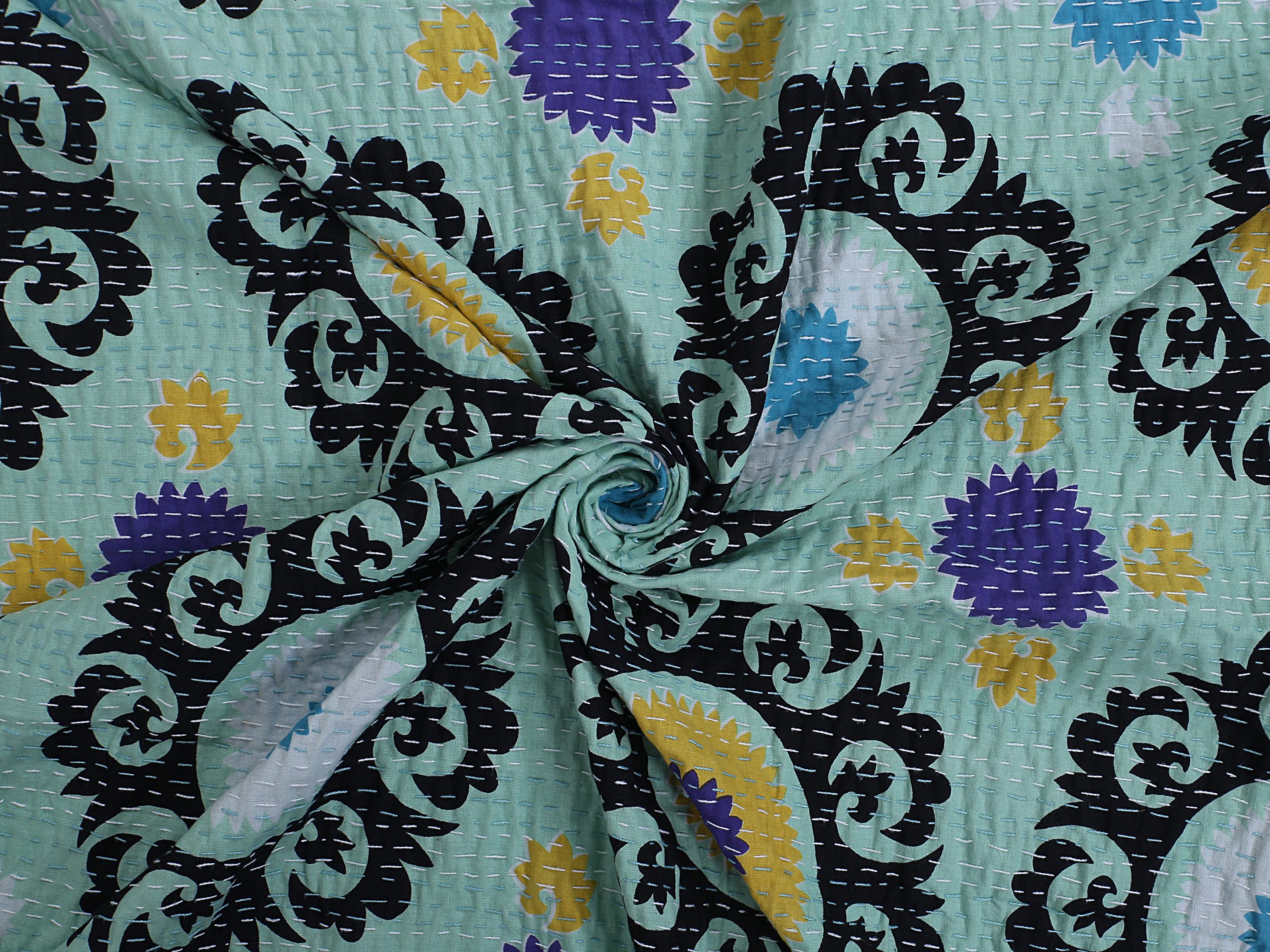 Aqua Blue and Black Medallion Handmade Cotton Kantha Quilt – Double 90×108 inches - Image 4