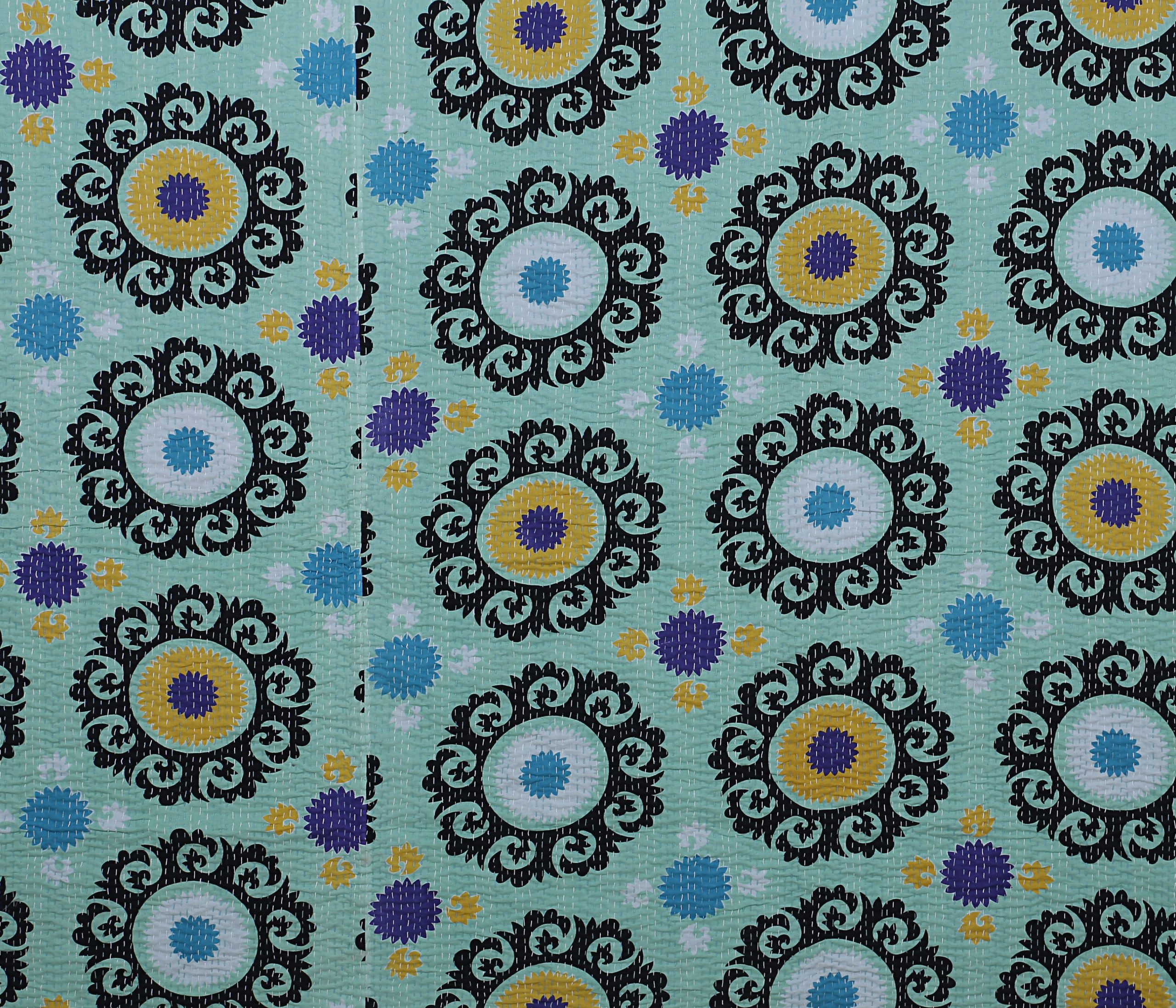 Aqua Blue and Black Medallion Handmade Cotton Kantha Quilt – Double 90×108 inches - Image 5