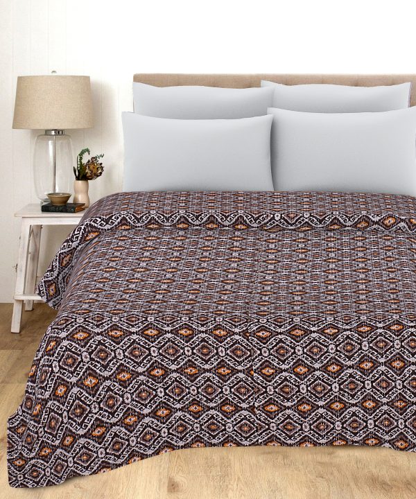 Brown and Orange Geometric Handmade Cotton Kantha Quilt – Double 90×108 inches