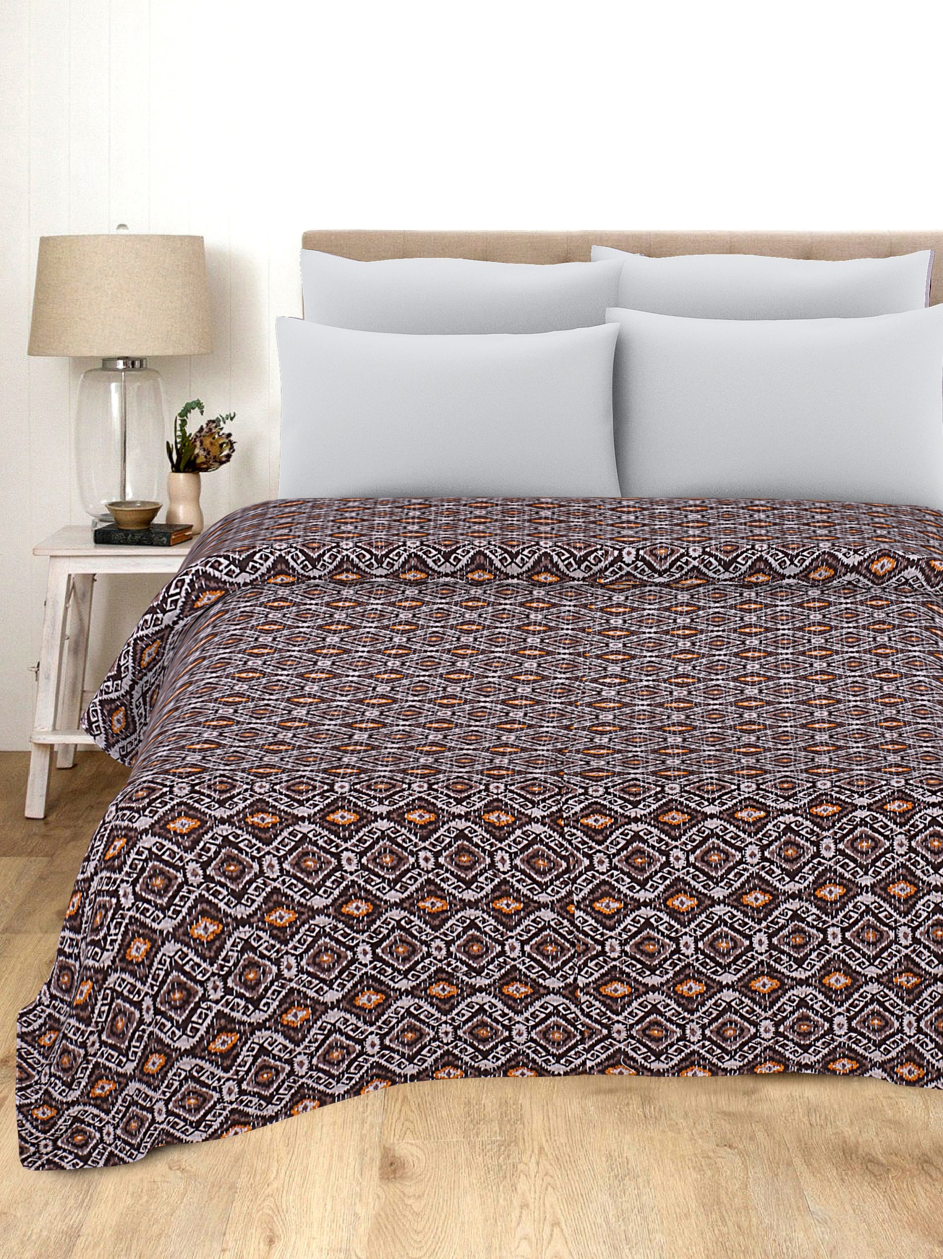 Brown and Orange Geometric Handmade Cotton Kantha Quilt – Double 90×108 inches