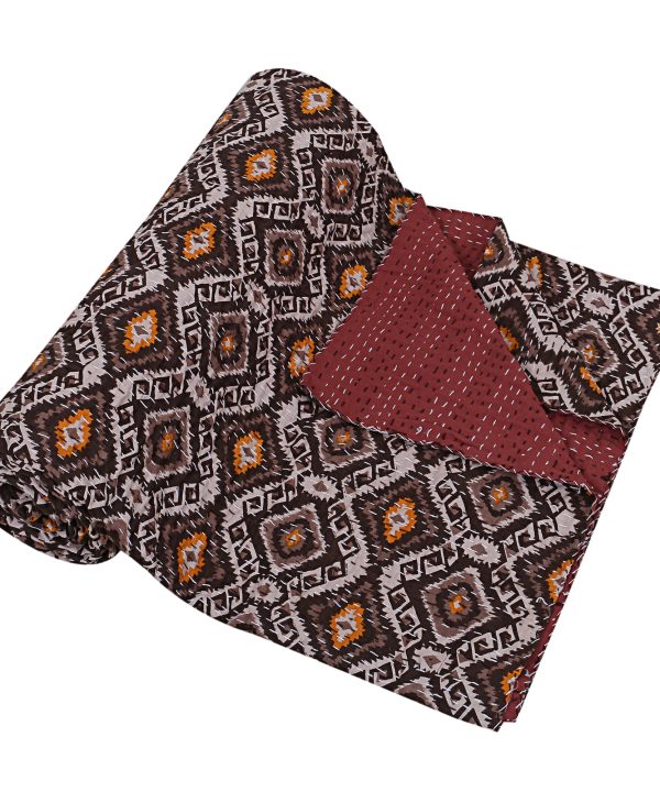 Alternative view of Brown and Orange Geometric Handmade Cotton Kantha Quilt – Double 90×108 inches