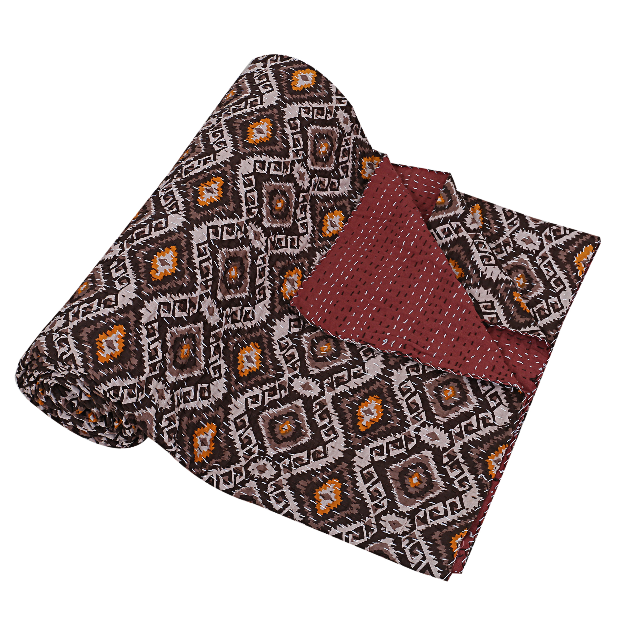 Brown and Orange Geometric Handmade Cotton Kantha Quilt – Double 90×108 inches - Image 2