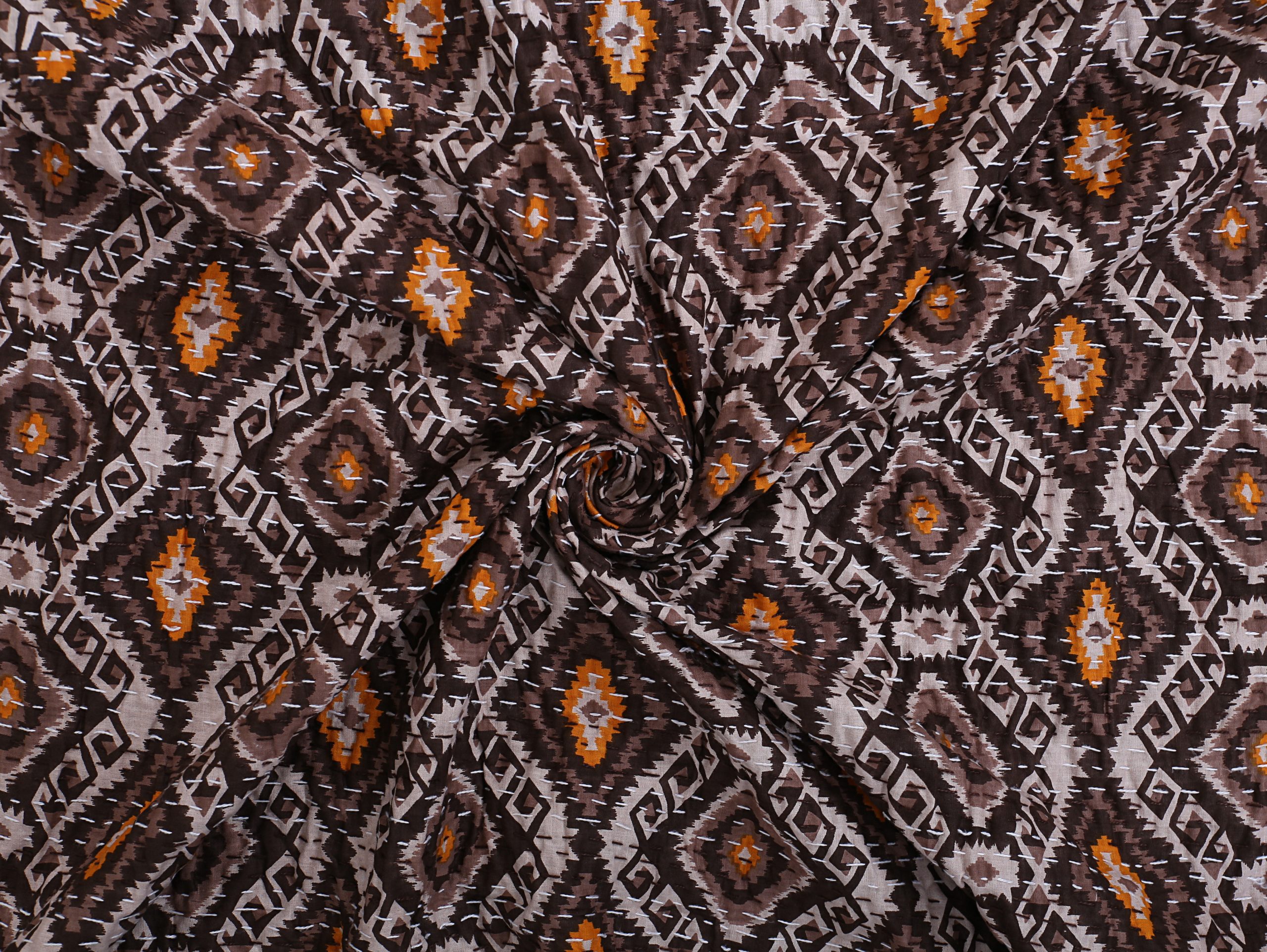 Brown and Orange Geometric Handmade Cotton Kantha Quilt – Double 90×108 inches - Image 3