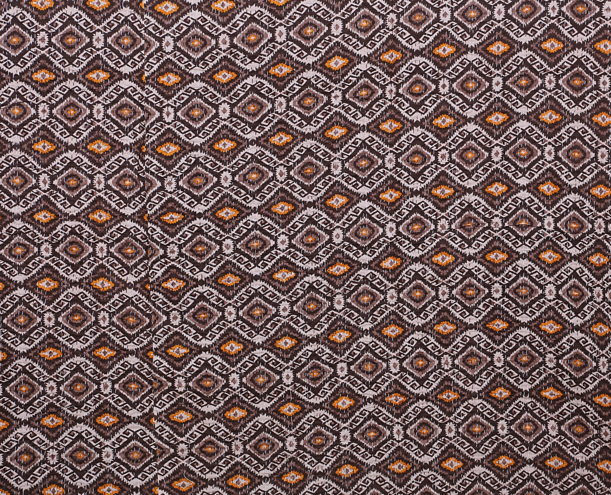 Brown and Orange Geometric Handmade Cotton Kantha Quilt – Double 90×108 inches - Image 4
