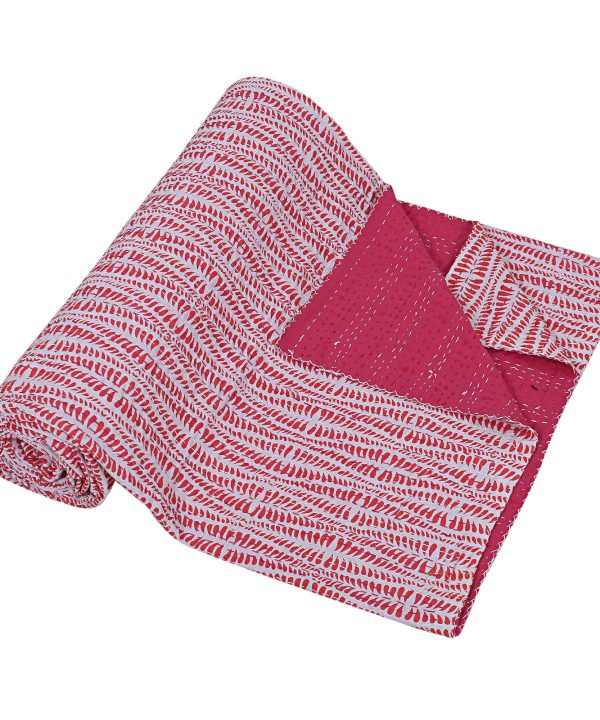 Alternative view of Pink and White Striped Handmade Cotton Kantha Quilt – Double 90×108 inches