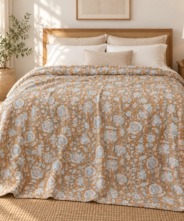 Mustard and Sage Floral Handmade Cotton Kantha Quilt – Double 90×108 inches