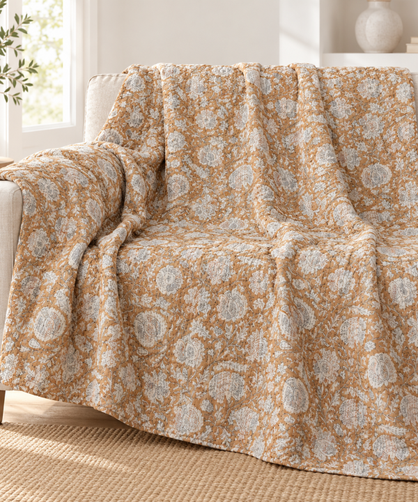 Alternative view of Mustard and Sage Floral Handmade Cotton Kantha Quilt – Double 90×108 inches
