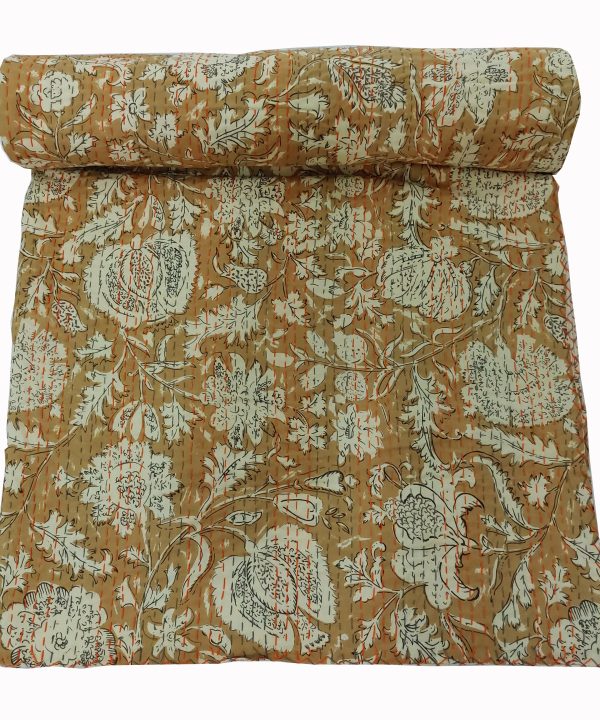 Mustard and Sage Floral Handmade Cotton Kantha Quilt – Double 90×108 inches