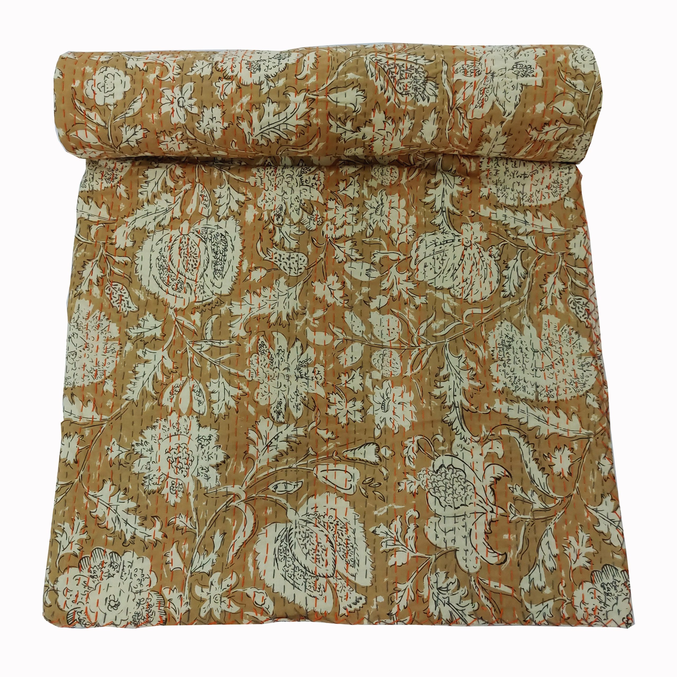 Mustard and Sage Floral Handmade Cotton Kantha Quilt – Double 90×108 inches
