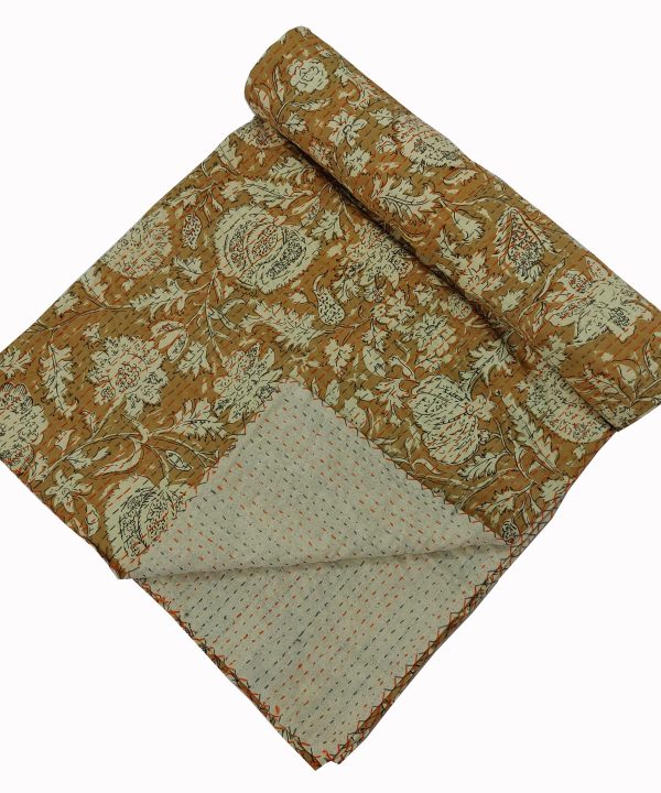 Alternative view of Mustard and Sage Floral Handmade Cotton Kantha Quilt – Double 90×108 inches