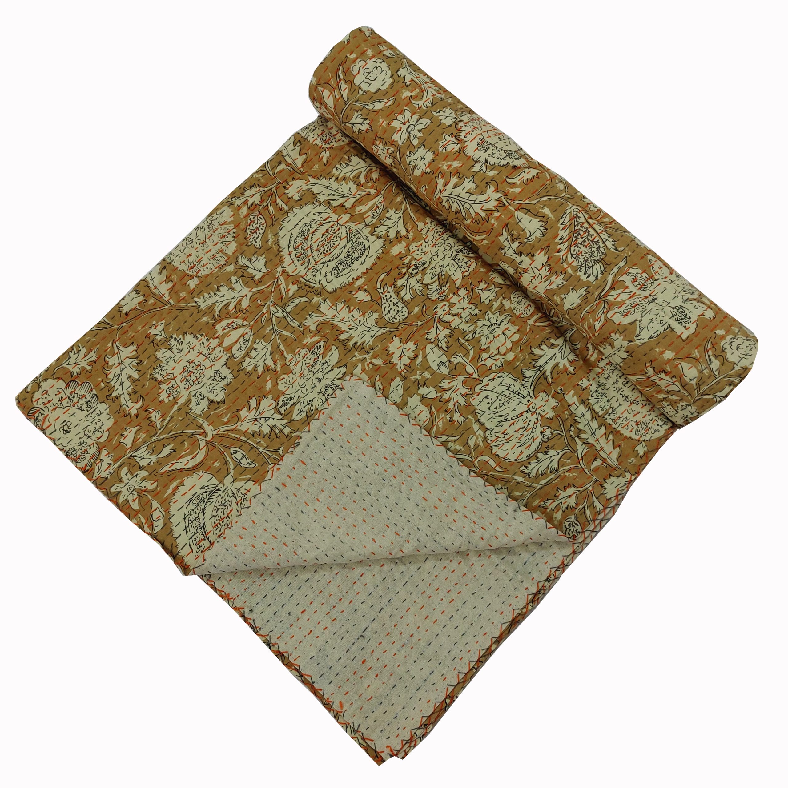 Mustard and Sage Floral Handmade Cotton Kantha Quilt – Double 90×108 inches - Image 2