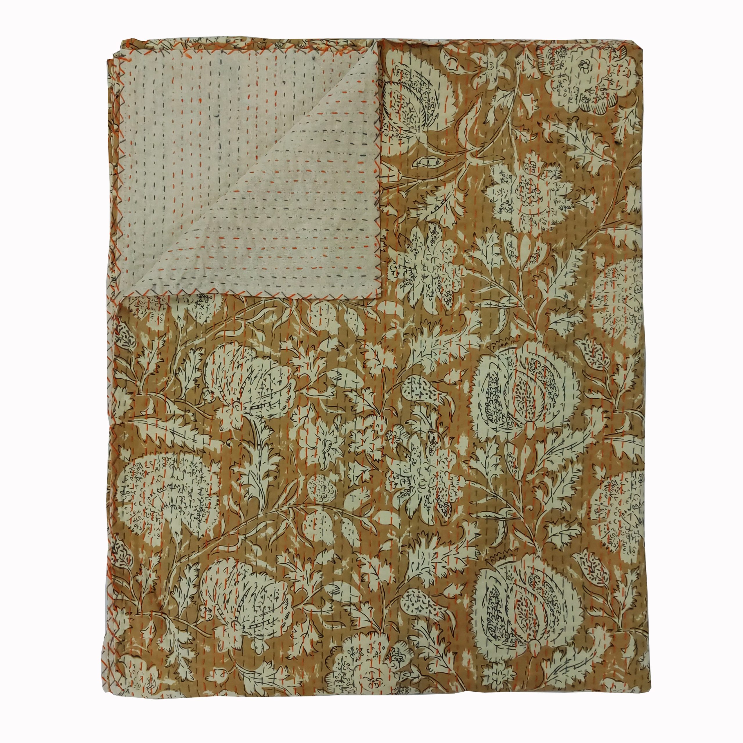 Mustard and Sage Floral Handmade Cotton Kantha Quilt – Double 90×108 inches - Image 3
