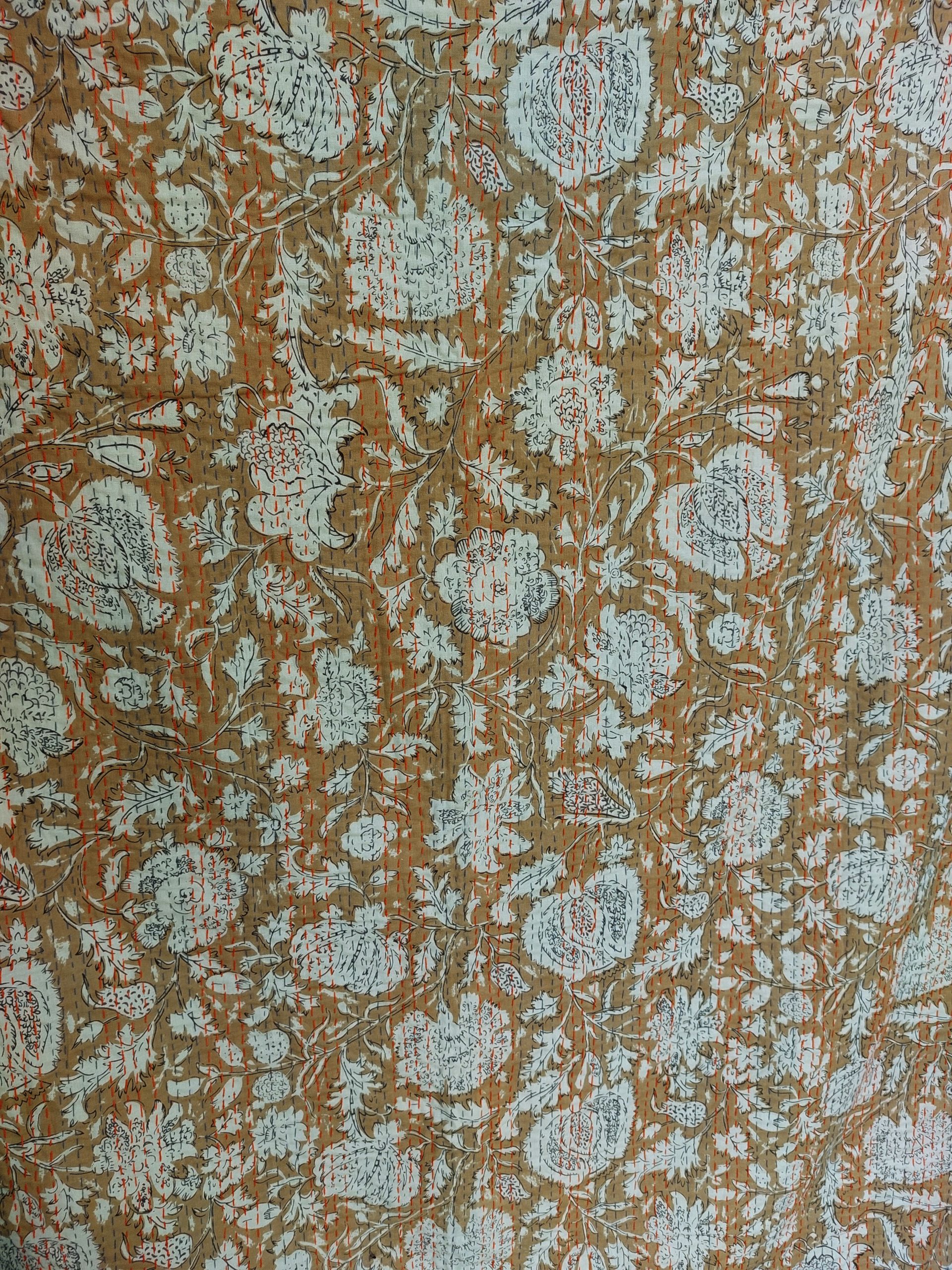 Mustard and Sage Floral Handmade Cotton Kantha Quilt – Double 90×108 inches - Image 4
