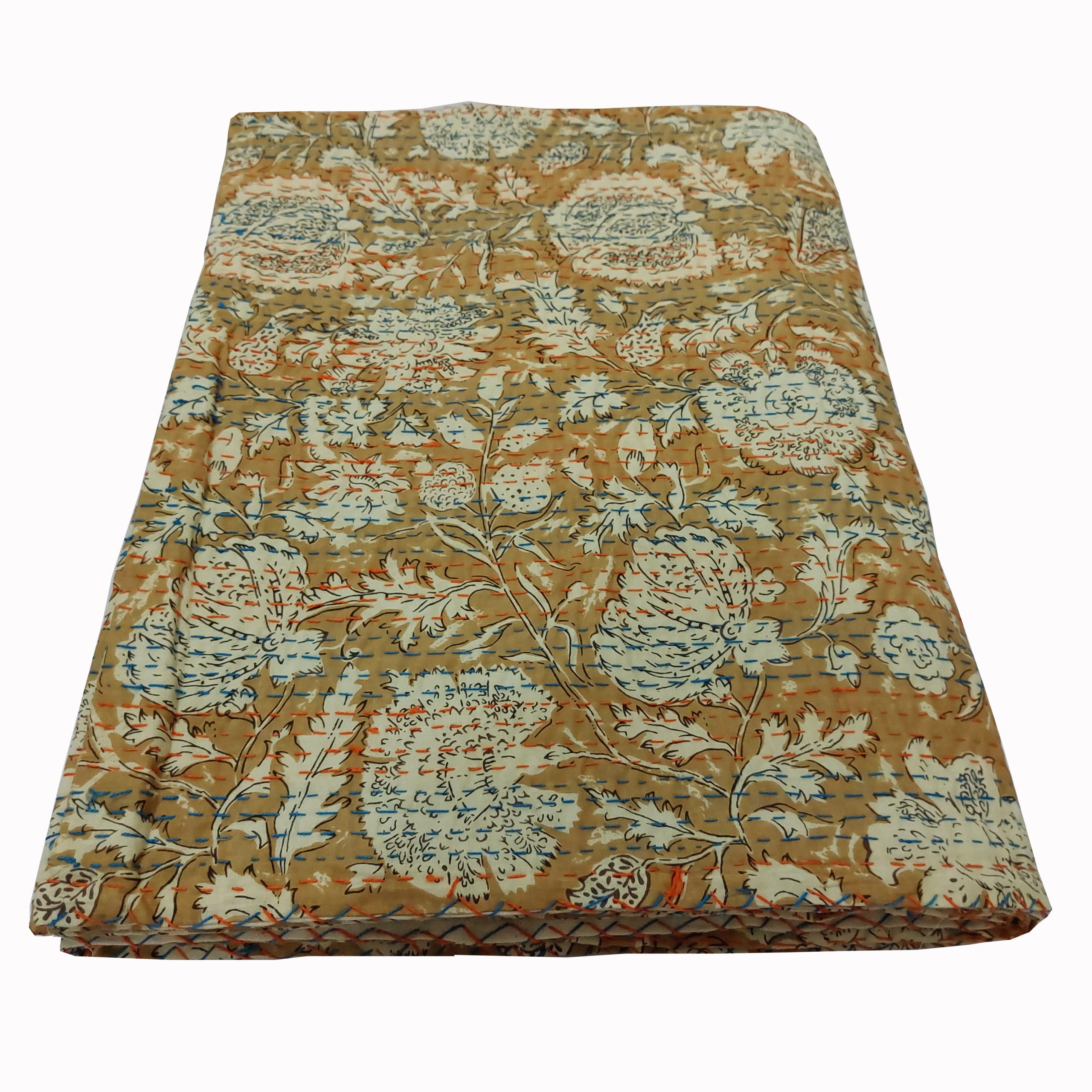 Mustard and Sage Floral Handmade Cotton Kantha Quilt – Double 90×108 inches - Image 5