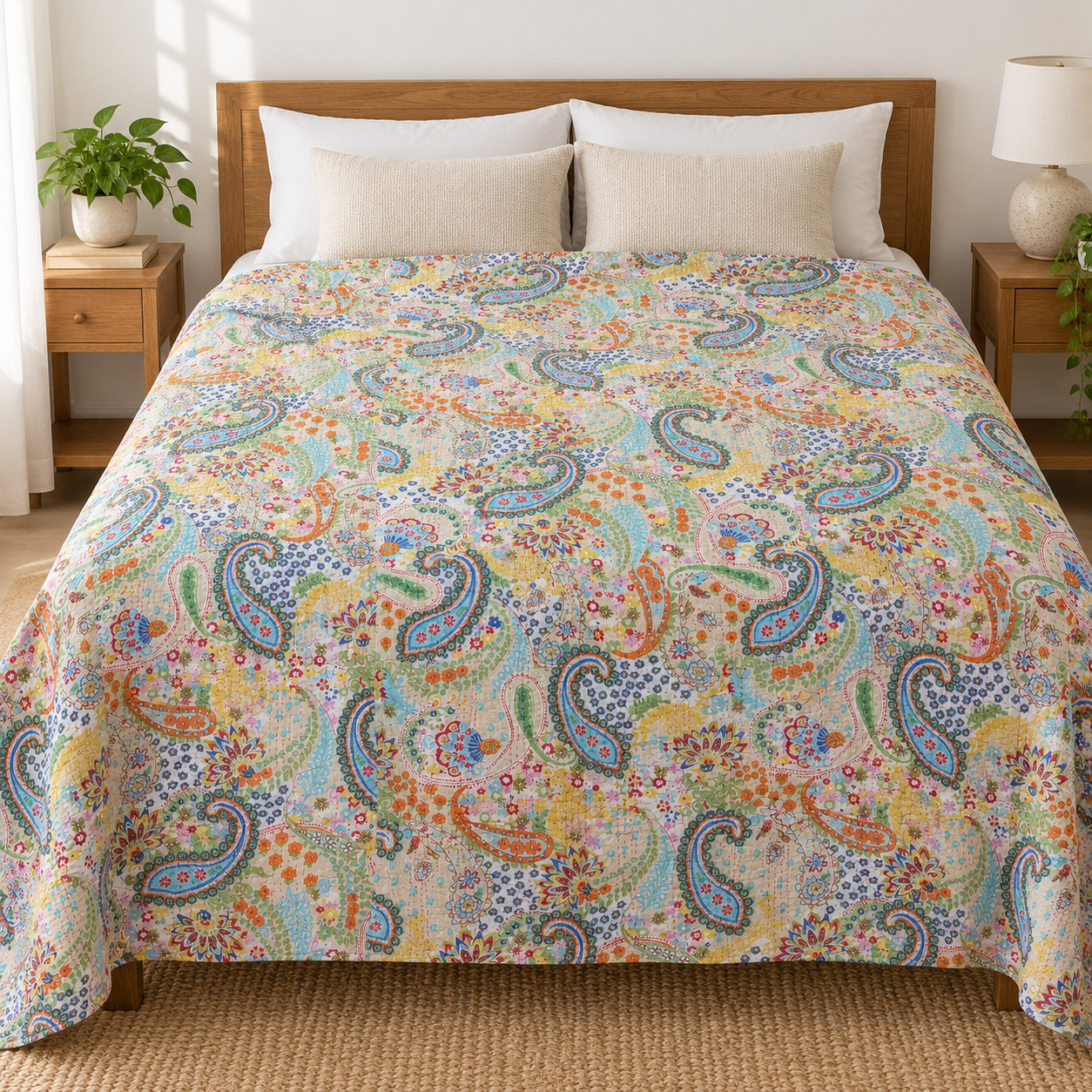 Cream Multicolour Paisley Kantha Quilt