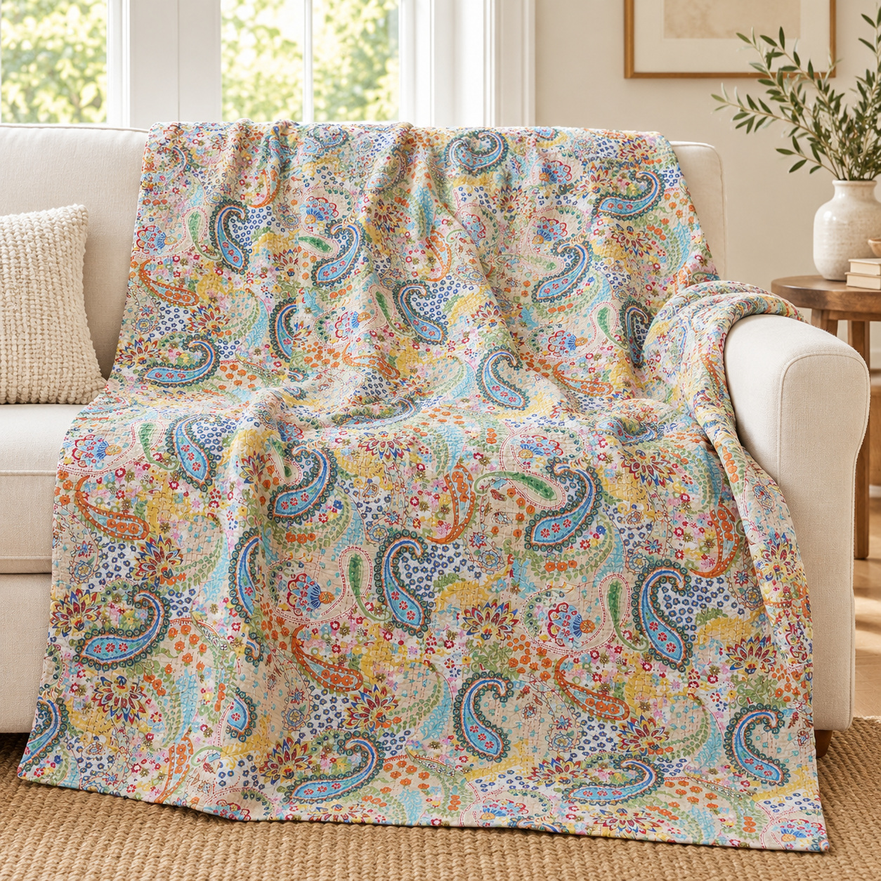 Cream Multicolour Paisley Kantha Quilt - Image 3