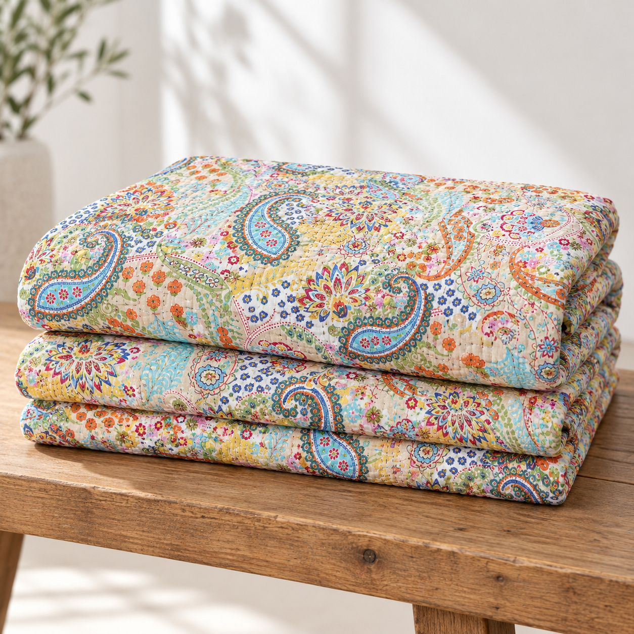 Cream Multicolour Paisley Kantha Quilt - Image 5